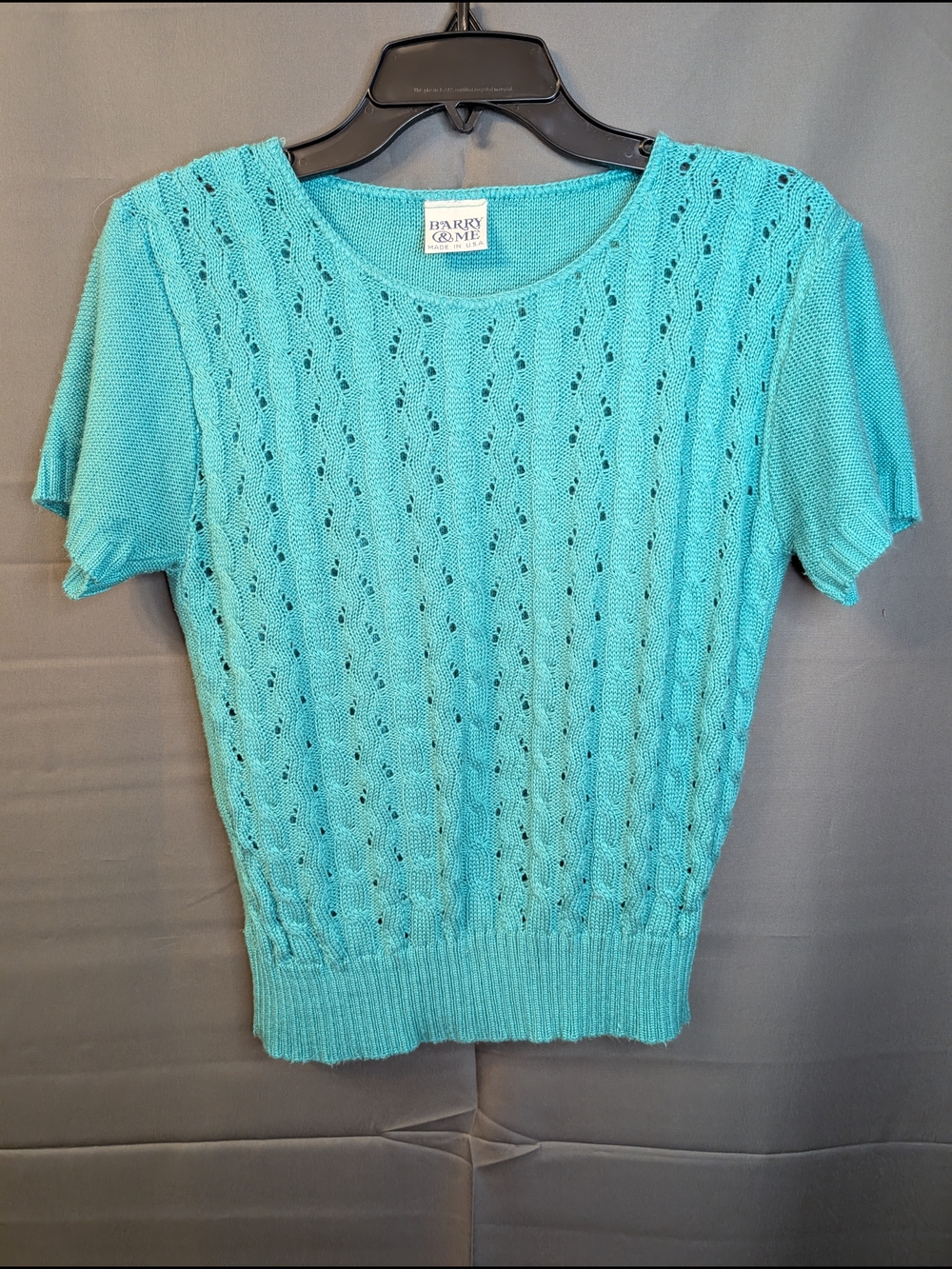 Turquoise Short-Sleeve Open-Knit Crewneck Sweater